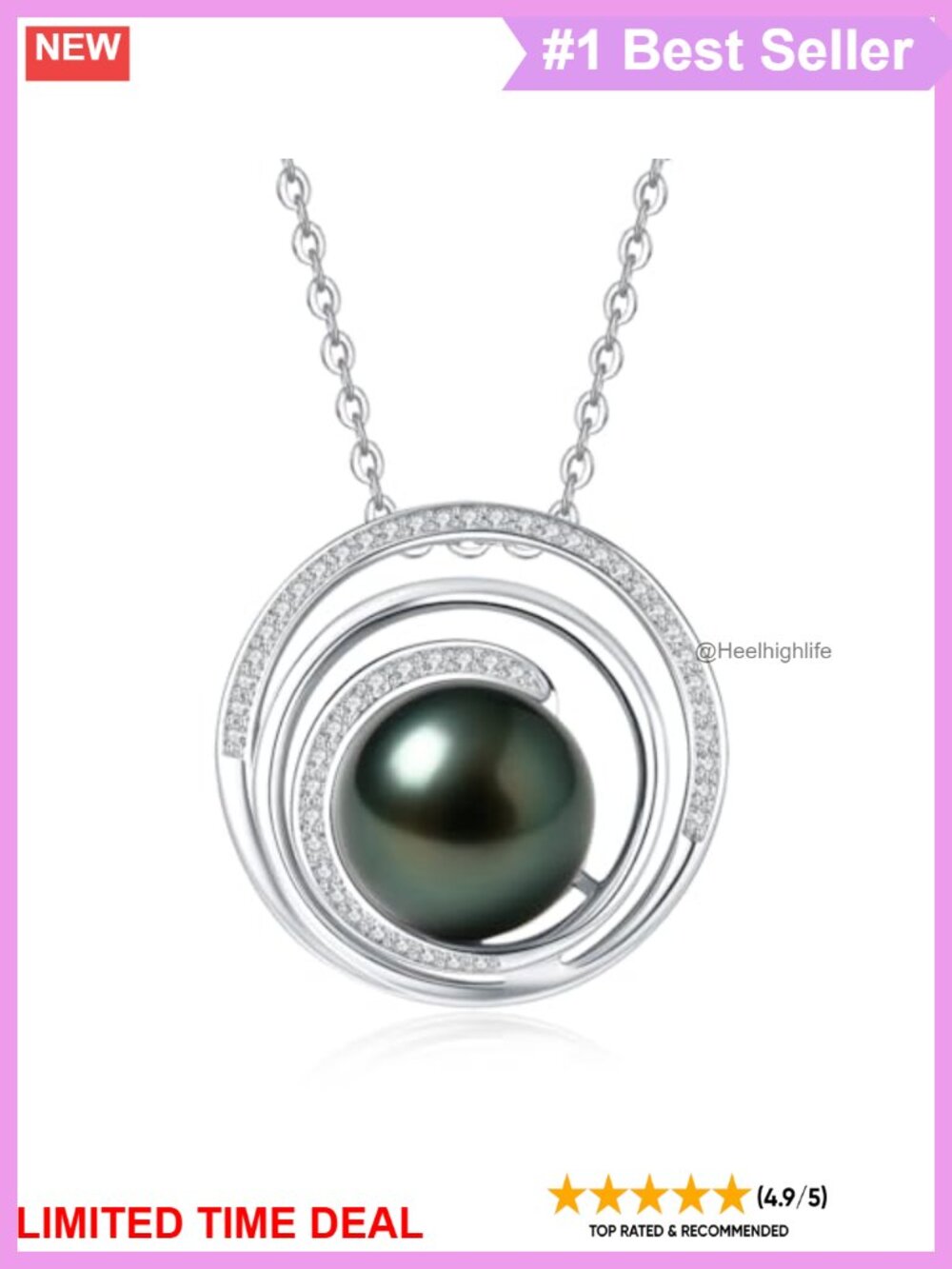 Tahitian Black Pearl Pendant Necklace Sterling Silver Moissanite Halo